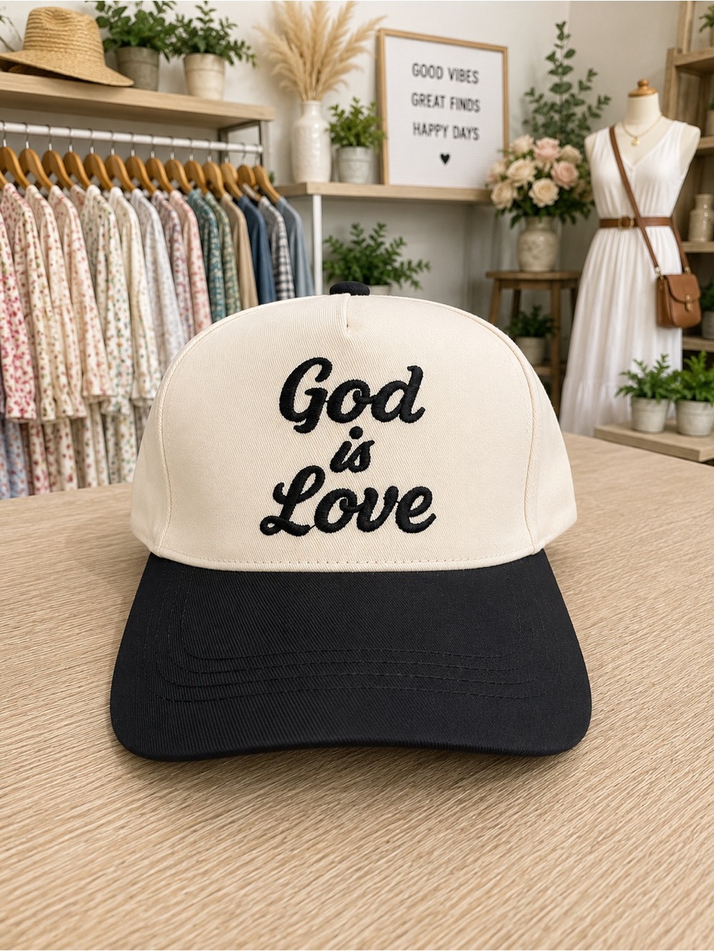 Boutique God Is Love Christian Adjustable Baseball Cap Black & Cream NWOT